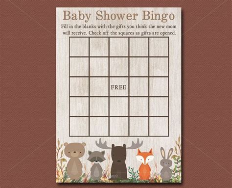 Woodland Baby Shower Game Bingo Card Printable Animals Baby Etsy