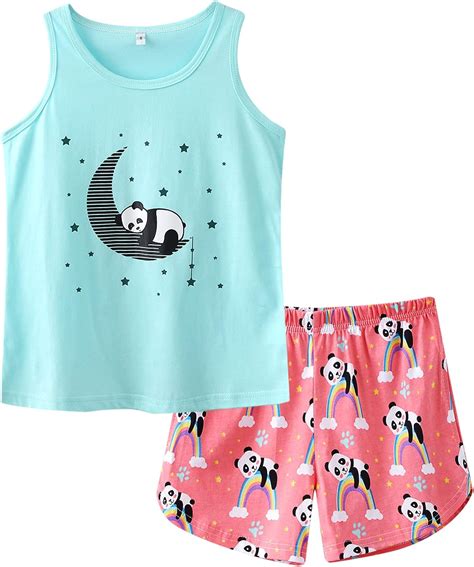 Girl Sleeveless Summer Pajamas Set Cute Unicorn Pattern Tank Top And Stripe Shorts