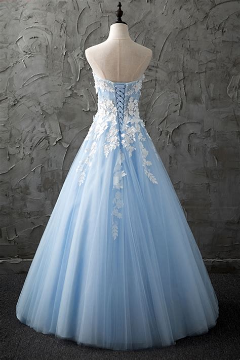 Sweetheart Blue Tulle Long Customized Evening Dress With Appliques On