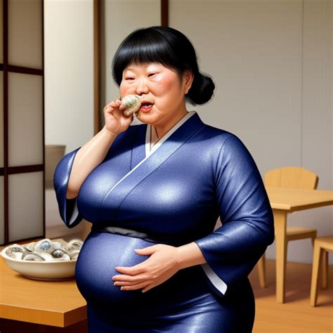 image upscale pretty japanese aunt with big fat belly in tight