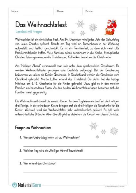 Für grundschule klasse 2 3 4. Arbeitsblatt: Lesetext - Das Weihnachtsfest | Lernen tipps ...