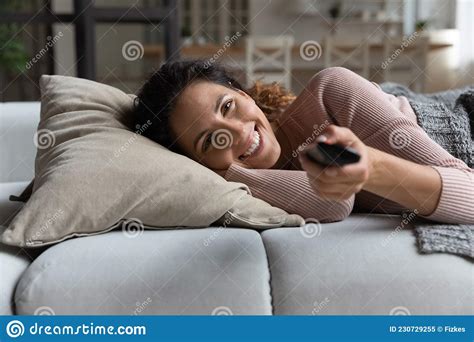 Smiling Woman Relax At Home Watching Tv Stock Image Image Of Device