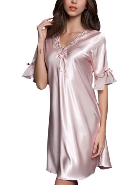 Women Satin Sleepwear Dress V Neck Short Sleeve Silk Nightgown Lace Sleep Lingerie Night Dress