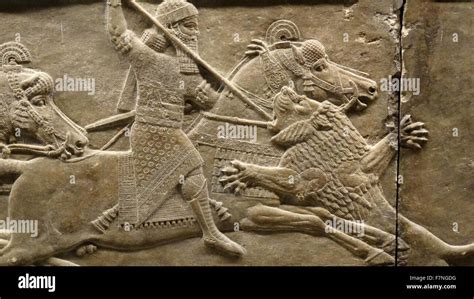 Relief Showing Lion Hunt On Horseback Assyrian About 645 635 Bc Stock