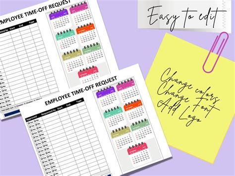 Employee Time Off Request Calendar Template Editable Word Etsy