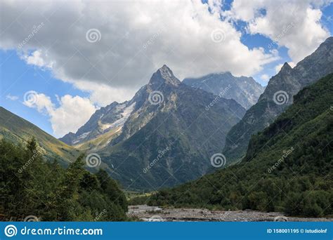 Panorama View On Mountains With River Scene In National Park Of Dombay