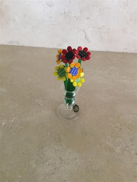 Hand Blown Miniature Glass Flowers In Vase By Global Village Etsy