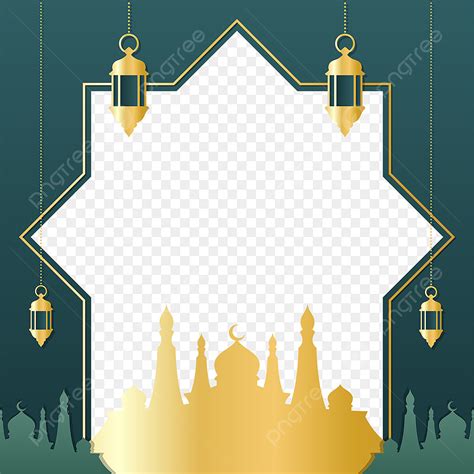 Gambar Bingkai Emas Idul Adha Dengan Lentera Dan Dekorasi Masjid Dalam