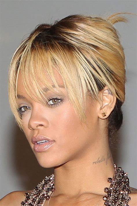 Rihanna Straight Golden Blonde Choppy Bangs Dark Roots French Twist