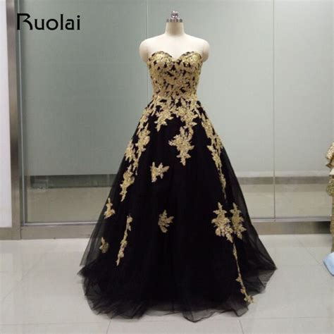 Real Photo Black And Gold Evening Dresses Long Sweetheart A Line