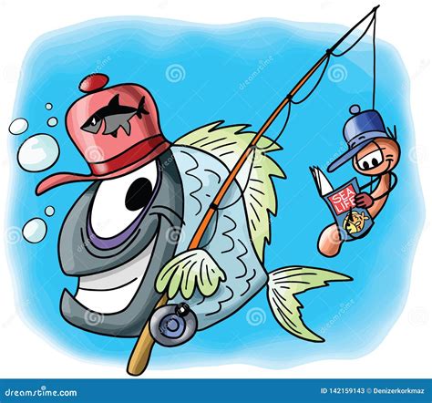 Cartoon Fish Character Gone Fishing Vector Stock Vector Illustration
