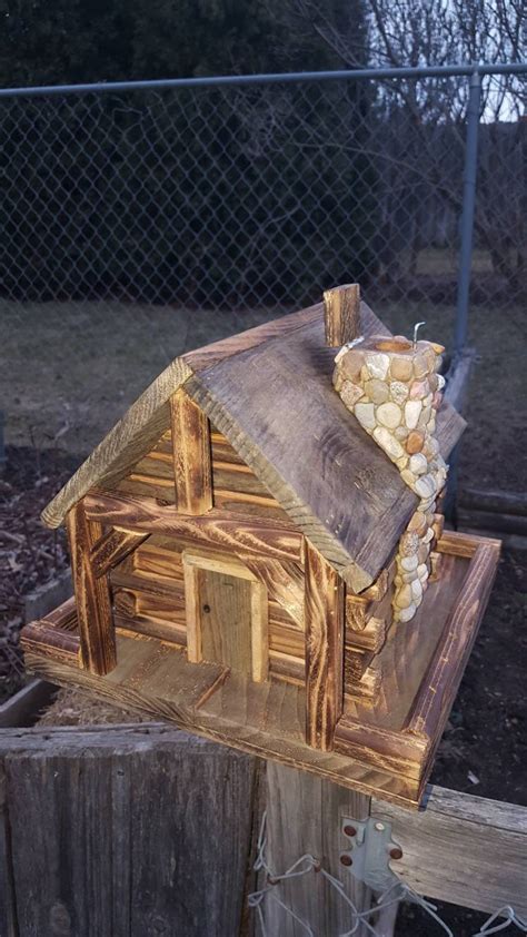 Bird Feeder Log Cabin Style With Stone Chimney Etsy