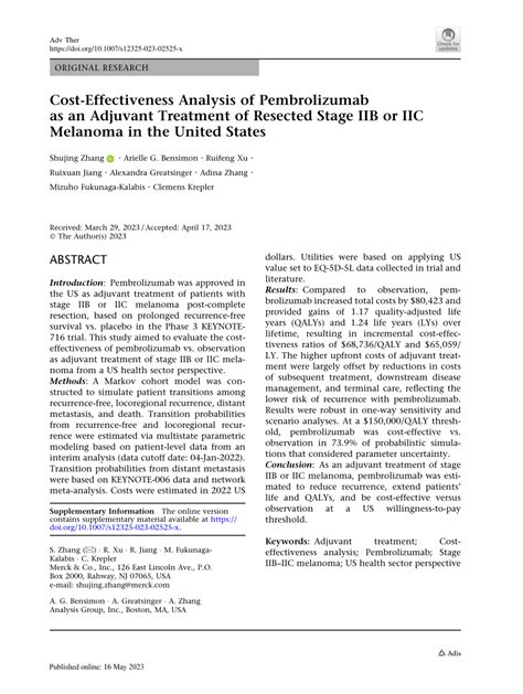 Pdf Cost Effectiveness Analysis Of Pembrolizumab As An Adjuvant