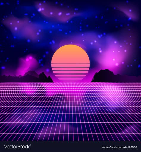 80s Retro Sci Fi Background With Sunrise Or Sunset