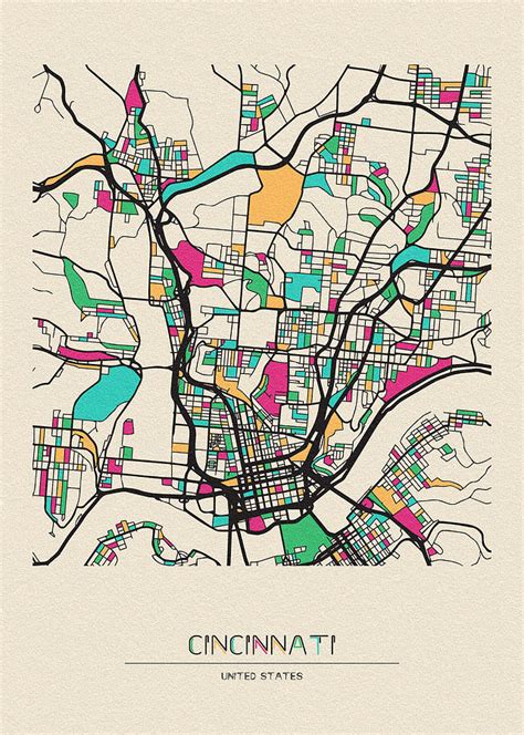 Cincinnati Ohio City Map Drawing By Inspirowl Design