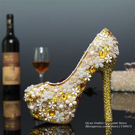gold rhinestone heels gold shoes wedding party shoes 10 12 14cm plus size prom high heel bridal