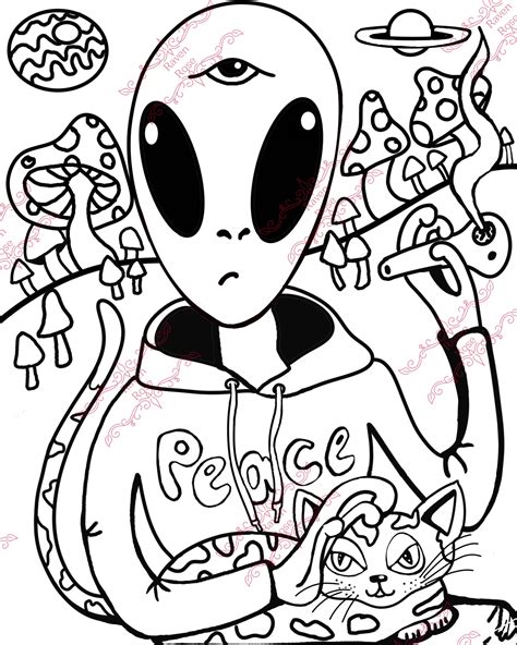Adult Coloring Page Stoner Alien Psychedelic Trippy 420 Etsy