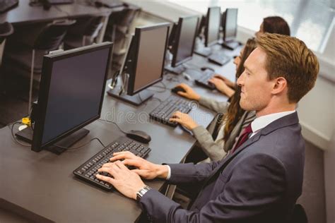 Three Focused People Working In Computer Room Stock Photo Image Of