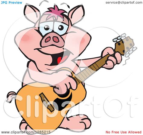 Clipart Of A Cartoon Happy Pig Playing An Acoustic Guitar Royalty