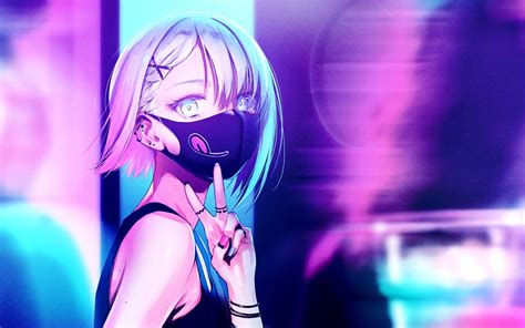 Wallpaper Neon Lights Short Hair Anime Girl Wristwear Black Mask