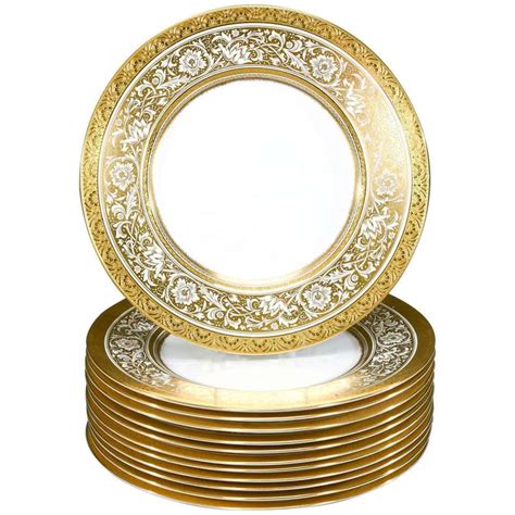 Set Of 12 Minton Gold Rimmed Porcelain Ball Dinner Plates Gold Rims