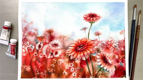 Gerbera Daisies Field Watercolor Painting Use Salt Tutorial Step By