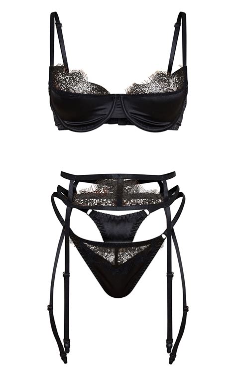 Black Lace Suspender Detail 3 Piece Lingerie Set Prettylittlething Ksa
