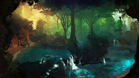 Download Magical River Waterfall Artistic Forest Hd Wallpaper By