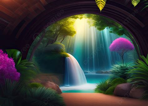 3d Rendering Of A Waterfall In Beautiful Tropical Forest At Night