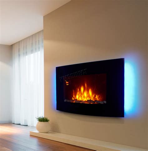 Wall Mounted Electric Fireplace Glass Heater Fire Remote Control Led