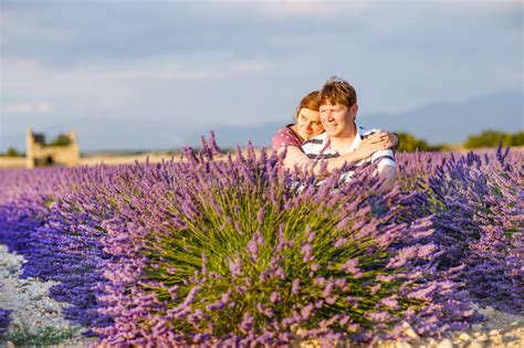 Romantic Couple In Love In Lavender Fields In Provence France Stock