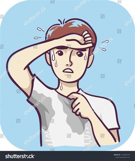 Illustration Of A Man With Excessive Sweating Wiping Forehead With Wet