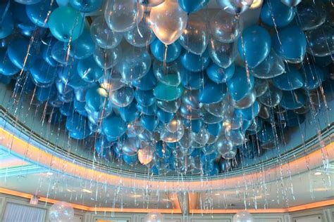 Turquoise And Silver Ceiling Balloons With Shimmer Ribbon At The