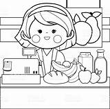 Coloring Grocery Employee Counter Cashier Vector Clerk Clip Shopping Drawing Illustration Fruit Clipart Adult Printable Cartoon Comp Similar Female Walk sketch template