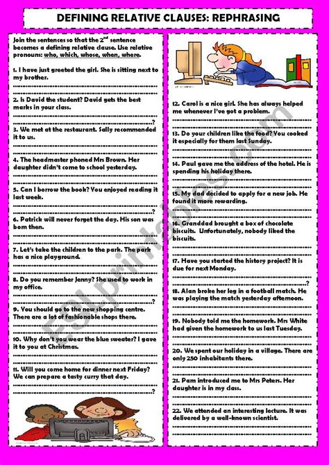 270 806 просмотров 270 тыс. Defining relative clauses rephrasing + key - ESL worksheet ...