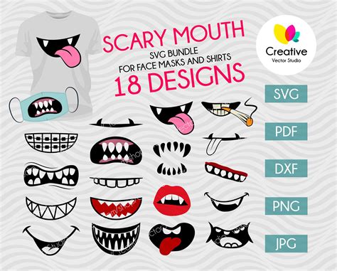 Scary Mouth Face Mask Pattern Svg Bundle Monster Mouth Svg Design For