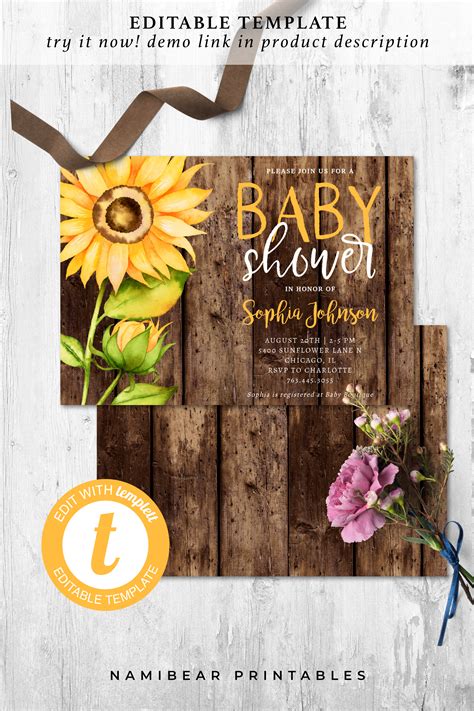 Printable Sunflower Theme Baby Shower Editable Rustic Yellow | Etsy | Baby shower invites ...