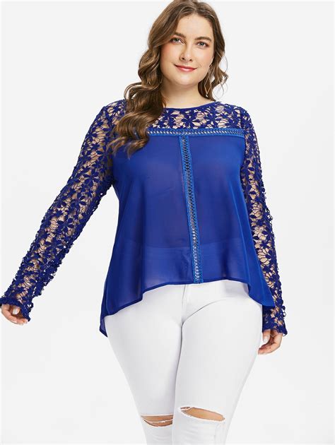 Wipalo Plus Size Hollow Out Floral Lace Sheer Blouse Women O Neck Full