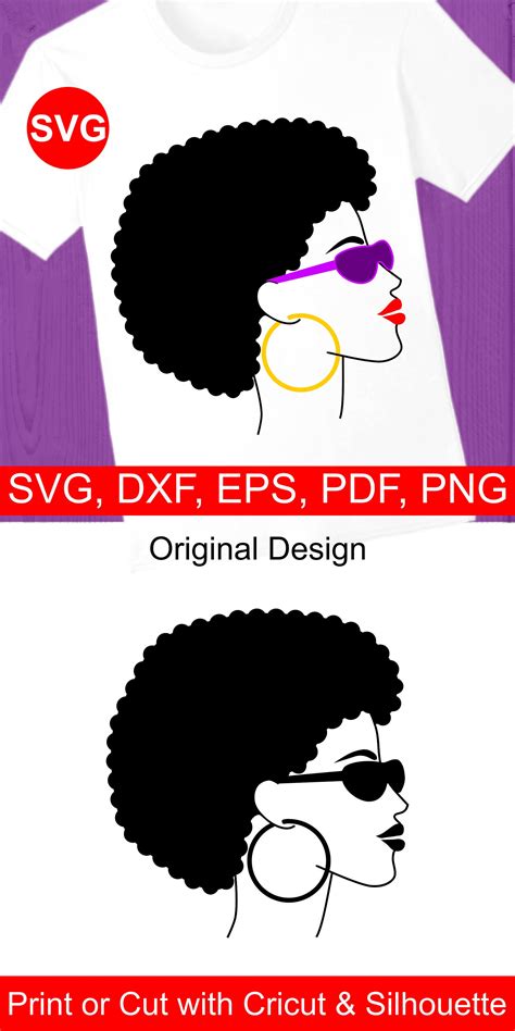 Afro Woman Svg File With Shades Hoop Earring Bright Lipstick And