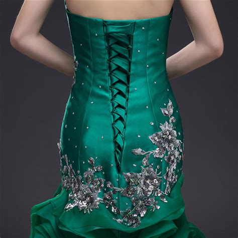 Embellished Dark Green Organza Mermaid Wedding Dress Spiral Ruffles