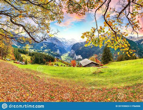 Fabulous Autumn View Of Picturesque Alpine Wengen Village And