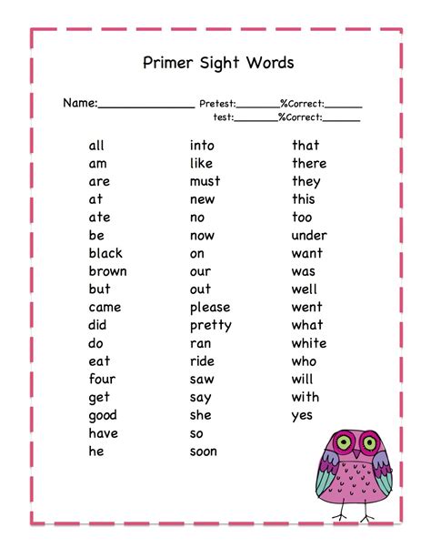 Owls Primer Sight Words Printable Preschool Printables