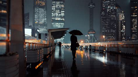 Rain Rainy Night Night Umbrella Silhouette Street View Street Wet