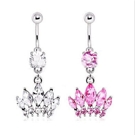 Crown Dangle Belly Button Ring Sexy White Crystal Double Piercing Barbell Surgical Steel Navel