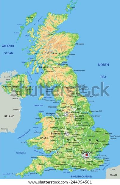 High Detailed United Kingdom Physical Map With Labeling