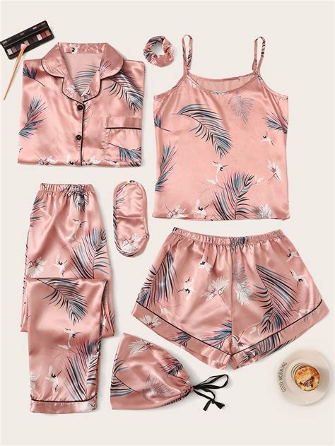Conjunto De Pijama De Satén Con Estampado De Grulla Tropical 7 Piezas Cute Pajama Sets Cute