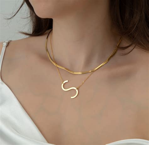 K Gold Large Initial Necklace Sideways Big Letter Necklace