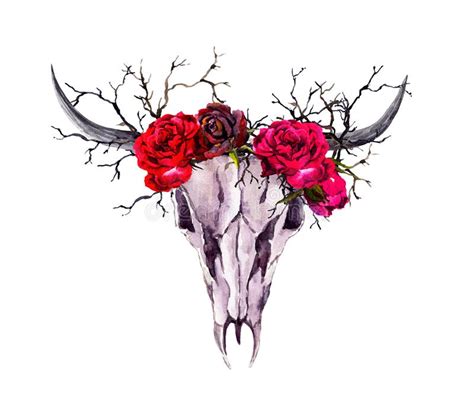 Buffalo Animal Skull Red Roses Branches Watercolor Stock