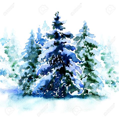 Christmas Trees Covered Snow In Winter Tree Watercolor Painting
