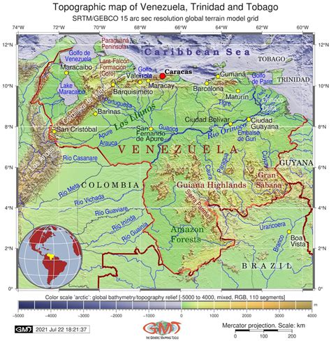 Topographic Map Of The Region Of Venezuela Mapping Gmt Source